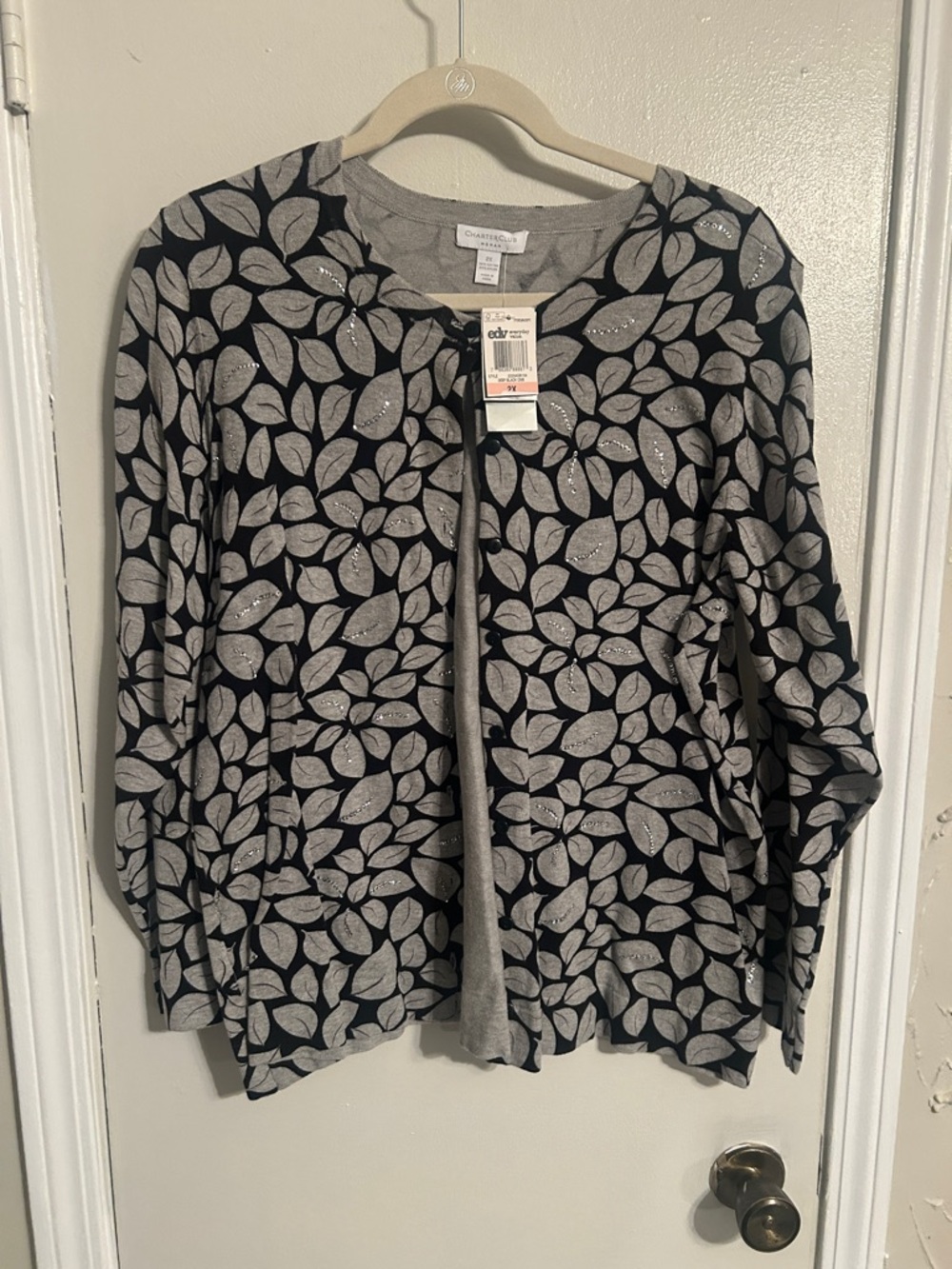 Charter Club Black and Gray Leaf Print Cardigan